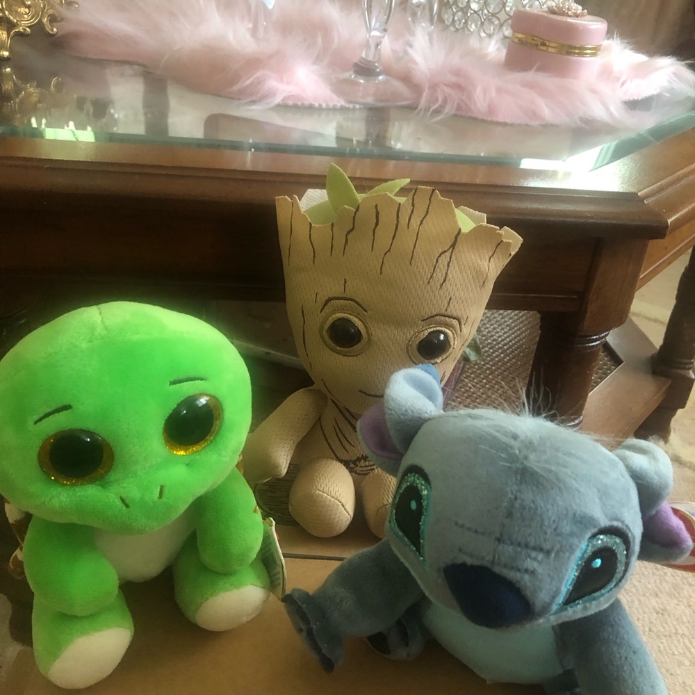 Plush Toy Bundle - Green Turtle, Brown Groot, Blue Alien